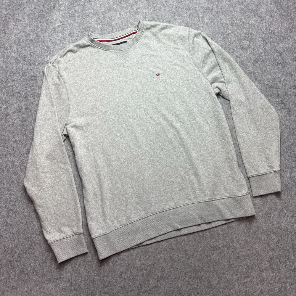 Tommy Hilfiger Sweatshirt Mens XL Gray Crewneck Flag Logo Knit Pullover Casual